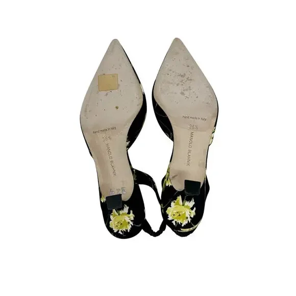 Manolo Blahnik Carolyne 50 Floral Slingback Pumps Black Yellow EU 36.5